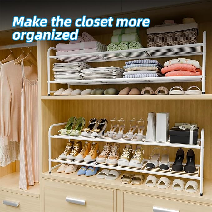 2 Tier Shoe Rack for Closet, 44 Inch Extra Long Shoe Storage Organizer for Shelves, Heavy Duty Metal, Easy Assembly, White-NeatNest
