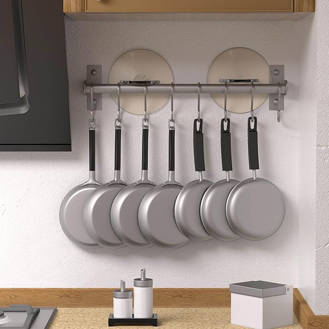 Dseap Kitchen Utensil Holder Hanger, Pot and Pan Rack Wall Mounted, Kitchen Rail with 8 Hooks for Hanging Cooking Utensils, Mugs, Spoons, Wall Mounted, Silver-NeatNest
