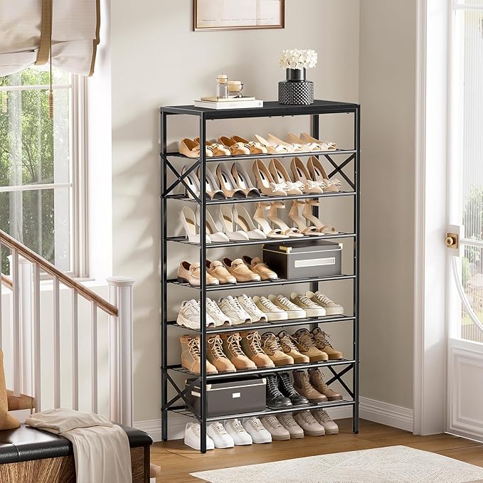 8-Tier Tall Shoe Rack Organizer Shoe Storage for Entryway 24-32 Pairs Metal Shoe Rack for Closet Heavy-Duty Shoe Rack with Wooden Top Shelf for Garage Black-NeatNest