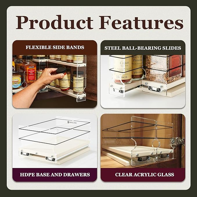 Vertical Spice - Large Pullout Sliding Spice Rack Organizer - 2 Individual 1 Tier Drawers - Premium Rolling Seasoning Holder/Caddy for Hidden Pantry Storage - Made in USA (6.9''W x 5.0" H x 10.6''D)