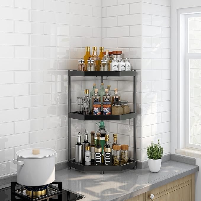 Kitchen Corner Shelf Countertop 3 Tier Bathroom Counter Organizer Cabinet Corner Storage Shelf Spice Rack Makeup Organizer Under Sink Black-NeatNest