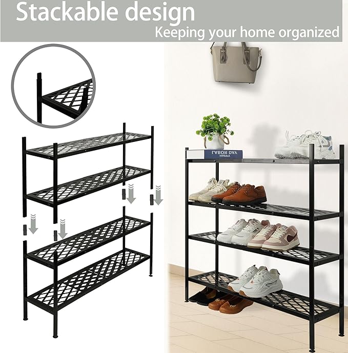 Shoe Rack for Closet, Expandable Shoe Organizer Metal Shelf Stand, 2 Tier Stackable Long Shoe Stand Holder for Floor, Entryway, Garage, Bedroom, Door Entrance for 12-18 Pairs, 45.6in Black-NeatNest