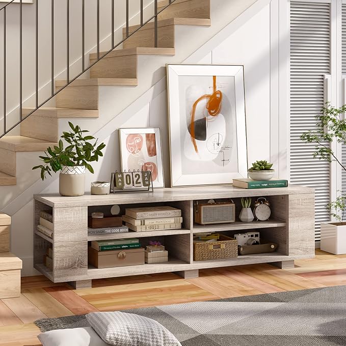 Giantex Modern TV Stand for TVs up to 65 Inch, Wood Entertainment Center w/ 8 Open Storage & Adjustable Shelves, Television Stands w/Cable Holes, TV Console Table for Living Room Bedroom (White Oak)-NeatNest