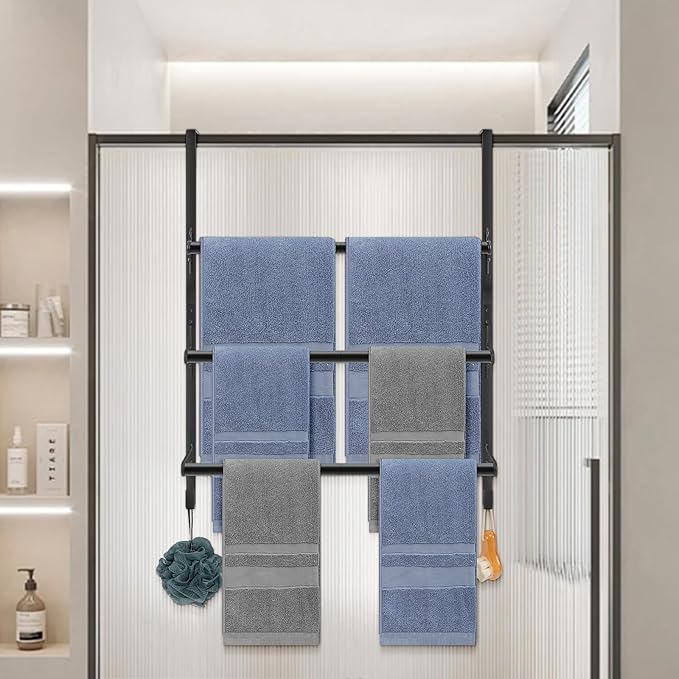 Livabber 3-Tier Over The Door Towel Rack, All Metal Towel Rack with Hooks for Door Hanging, Behind Door Towel Bar Towel Storage Holder for Bathroom Accessories, 19.37" L x 5.9" Wx 24.4" H(Black)