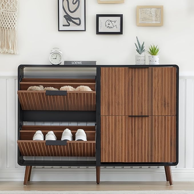 47" Fluted Large Shoe Cabinet with 4 Flip Drawers, Slim Freestanding Shoe Cabinet Organizer, Narrow Shoes Storage Rack for Entryway, 5 Sturdy Legs (Walnut and Black, 9.45" D x 47.24" W x 35.83" H)