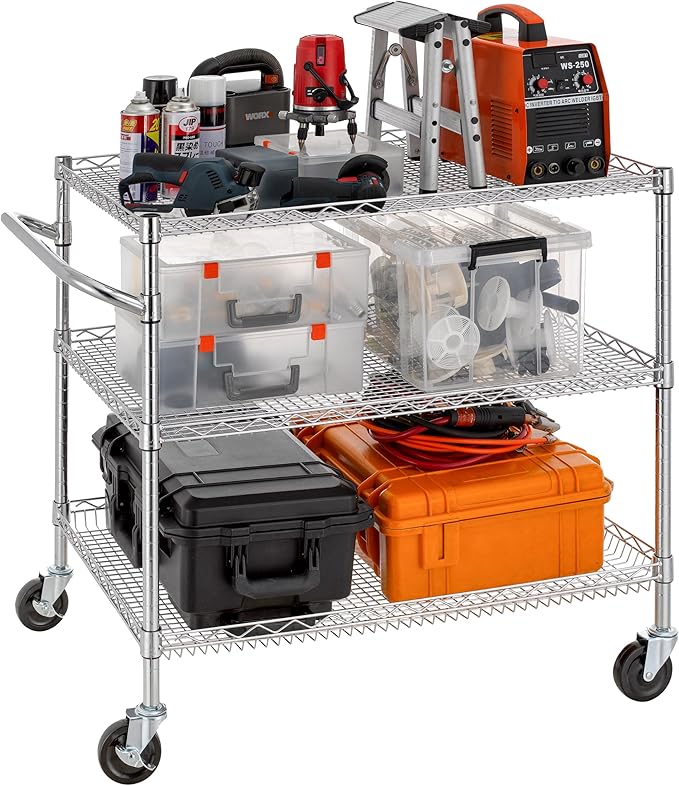 Finnhomy 3 Tier Heavy Duty Commercial Grade Utility Cart, Wire Rolling Cart with Handle Bar, Steel Service Cart with Wheels, Kitchen Carts on Wheels, Metal Cart Shelf Size 24" D x 36" W, NSF, Chrome