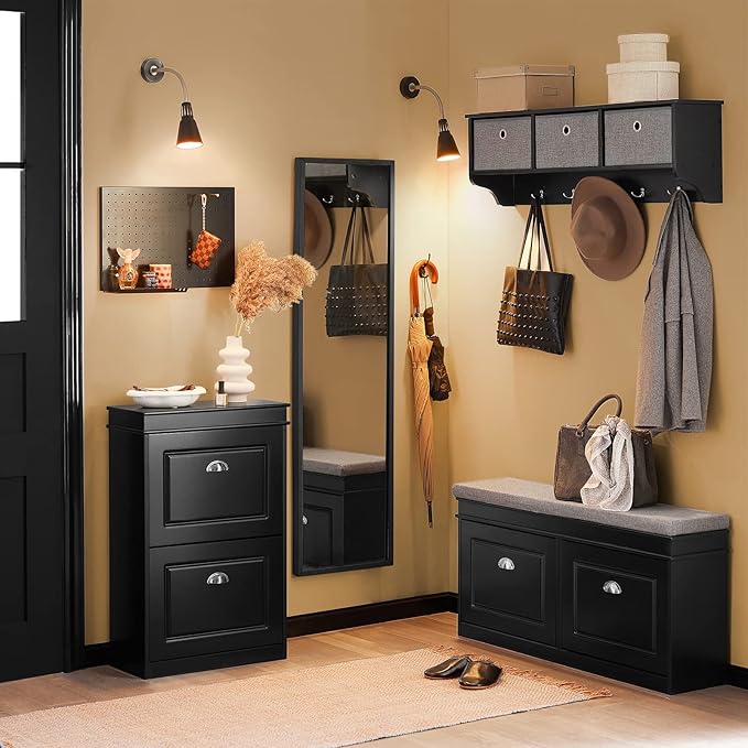 SoBuy Small Shoe Cabinet, Slim Shoe Rack 2 Flip-Drawers, Thin Shoe Storage Cupboard Organizer Unit for Entryway and Hallway, Black FSR78-SCH-NeatNest