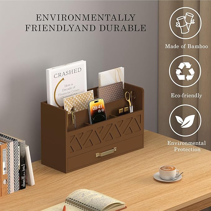Bamboo Mail Organizer Countertop Wood Desk Organizer Drawer Tabletop Storage Box Letter Sorter Makeup Organizer for School Home Office Supplies Brown-NeatNest