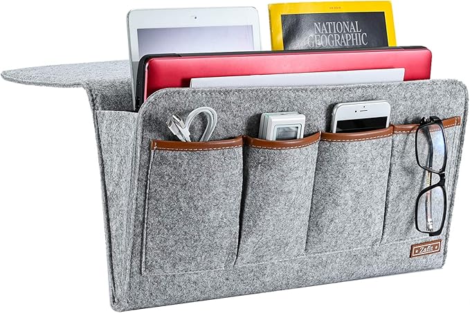 Bedside Caddy, Large Size Storage Organizer with 7 Pockets for Magazine, Remotes, Phone (17.3'' x 18.1'', Light Grey)-NeatNest