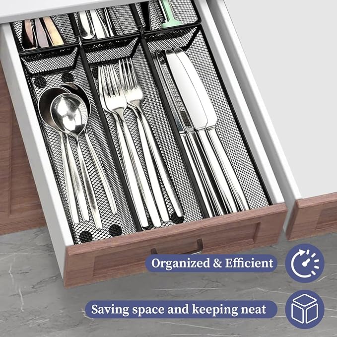 10 Pack Silverware Drawer Organizer 9 x 3 x 2 Inch Mesh Utensil Organizer for Kitchen Drawers with Interlocking Arm for Flatware Knives Spoons Fork Cosmetic Utensil Tabletop Storage Tray