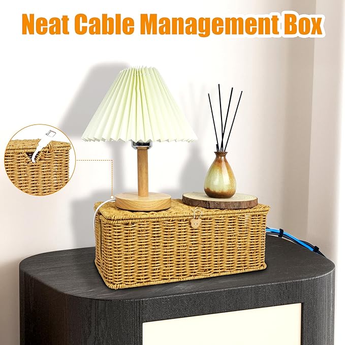 Cable Management Box, Upgrade 2PCS Large & Extra Large Cable Organizer Box, Handmade Rattan Floor Cord Covers with 4 Open Slots, Cord Box Hider for Power Strips, Wires Storage