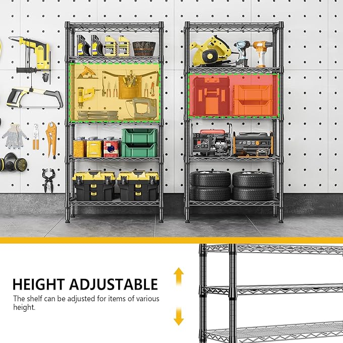1250 lbs 5 Tier Shelf Metal Storage Shelves Wire Rack Closet Organizers for Garage Kitchen Bathroom Laundry Black 11.8" D x 29.5" W x 59.5" H