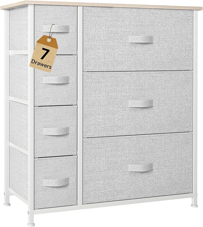 DWVO Dresser for Bedroom, 7 Drawers Fabric Dresser, Organizer Unit for Living Room, Hallway, Closets - Sturdy Steel Frame, Wooden Top & Easy Pull Fabric Bins, Light Gray-NeatNest
