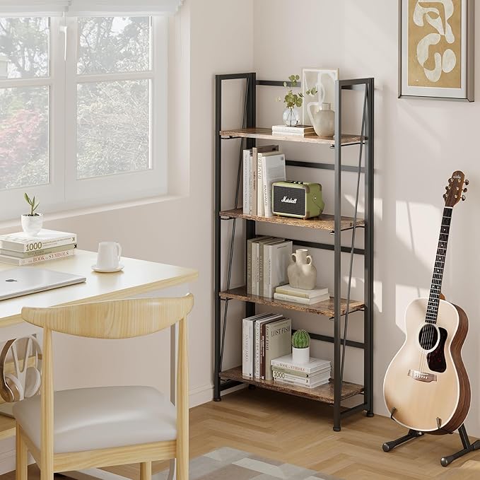 BHG Vintage Multifunctional Bookcase Folding Bookshelf, No-Assembly Plant Stand Storage Rack Shelves for Home Office (Fire, 4-Tier)-NeatNest