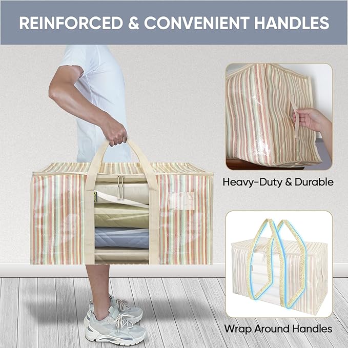 BALEINE 2-Pack Oversized Moving Bags with Reinforced Handles, Heavy-Duty Storage Tote for Clothes, Moving Supplies (Color Stripe with Window, 2-Pack)-NeatNest