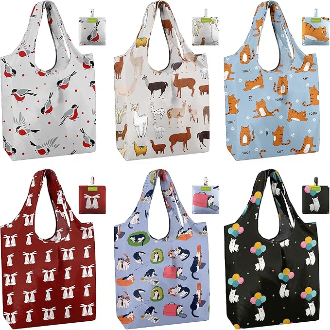 BeeGreen Reusable Grocery Bags 6 Pack, Heavy Duty Totes for Women, Foldable Grocery Bag Large Shopping Totes with Handles for Work, Travel, Gift, Store, Polyester Washable Reusable Tote Bag-NeatNest