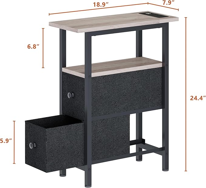 End Table with Charging Station, Narrow Side Table with 2 Fabric Drawers, Skinny Nightstand with LED Light, Slim Bedside Table for Bedroom, Living Room, Small Spaces, Greige and Black