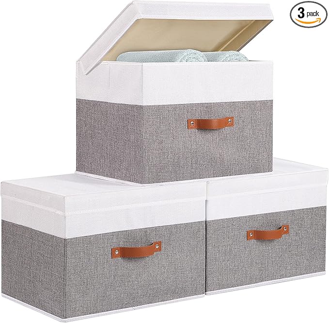 Fabric Storage Boxes with Lids, Linen Foldable Cloth Baskets, 17.7 x 11.8 x 11.8 Inch Closet Organizer Containers with Double Handles, Sweater Bins for Bedroom, White and Grey, 3 Pack-NeatNest