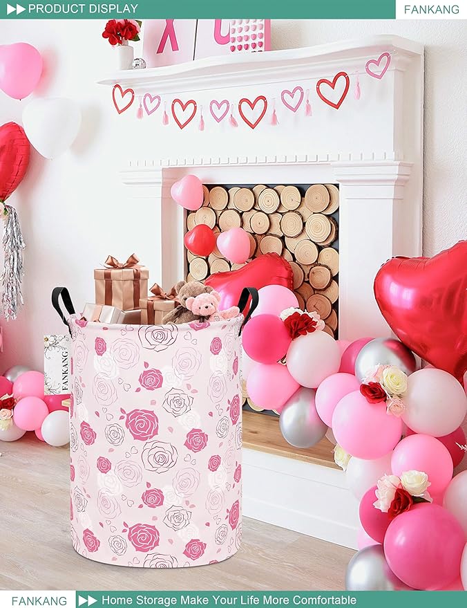 FANKANG Storage Basket, Nursery Hamper Canvas Laundry Basket Foldable with Waterproof PE Coating Large Storage Baskets for Kids Boys and Girls, Office, Bedroom, Clothes,Toys(Pink roses)
