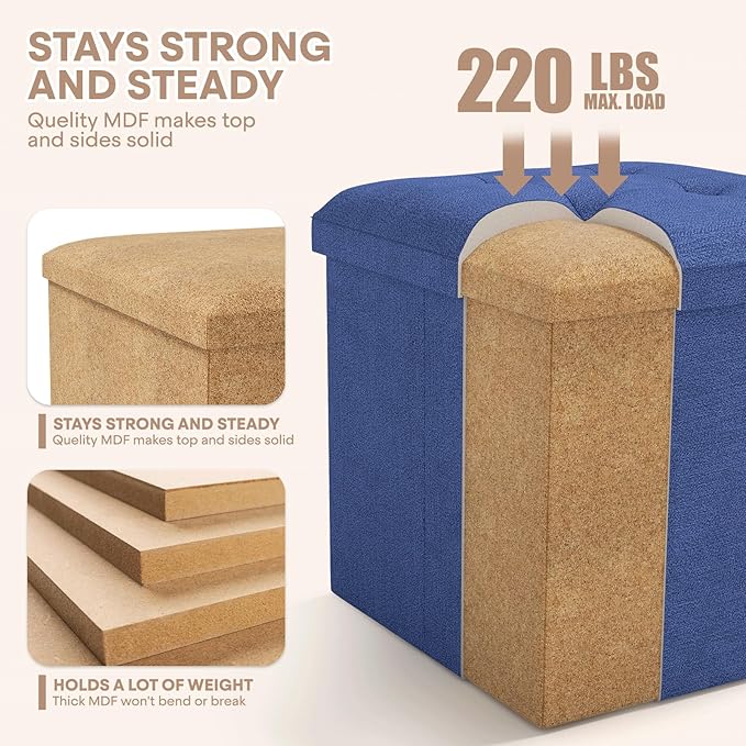 Ottoman Folding Storage Bench, 15x15x15 Inch, Foot Rest Stool for Living Room, Bedroom, Entryway, End of Bed - Multi-Functional Ottoman with Storage Navy Blue