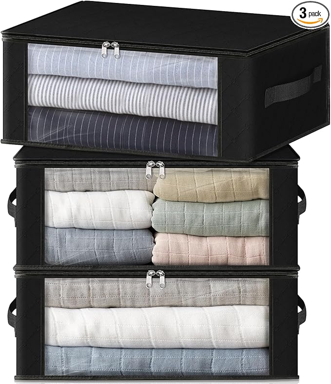 HomeHacks Storage 3-Pack Clothes Organizer Storage Bags Foldable Storage Box with Large Clear Window Sturdy Handles for Closet, Dorm, Pillows, Bedding, Clothes, Blankets, 35L, Black-NeatNest