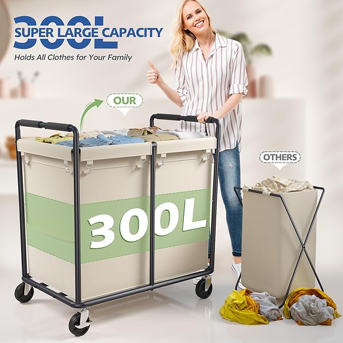 Laundry Basket with Wheels Large Rolling Hamper 300L Heavy Duty Laundry Cart with Handle Durable Clothes Hamper with Steel Frame for Laundry Bedroom, Cream White