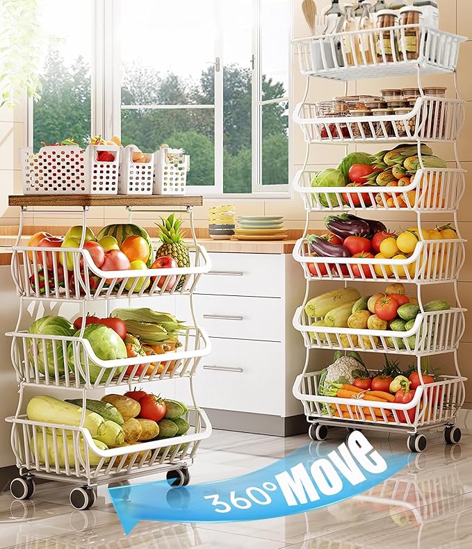 MURRI&MURRDI Fruit Vegetable Storage Basket with Wheels, 6 Tier Stackable Wire Storage Baskets with Wheels Produce Basket for Kitchen Rack Storage Cart for Pantry 6 Tier Fruit Stand (A White)