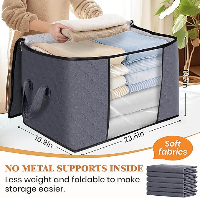Fab totes 90L Clothes Storage, Foldable Thick Fabric Blanket Storage Bags, Containers for Organizing Bedroom, Closet, Clothing, Comforter, Organization with Handle (8 Pack,Grey)-NeatNest