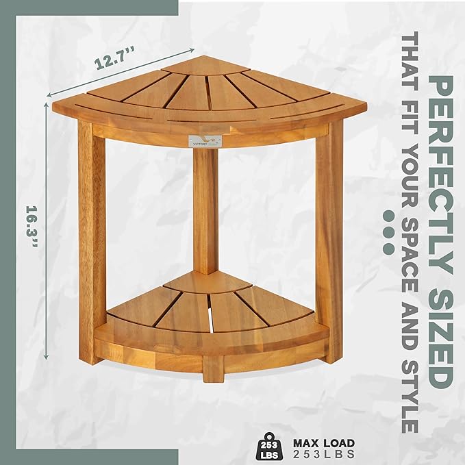 Acacia Corner Shower Stool, Waterproof Spa Foot Rest & Bath Bench with Storage Shelf & Soap Dish, Ideal for Bathroom, Shaving Legs, or as Small Corner Table/Step Stool (Natural)