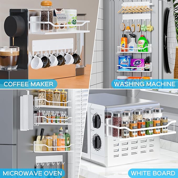 5 Pack Magnetic Shelves for Washing Machine & Refrigerator, Paper towel holder, Movable Powerful Magnetic Spice Racks with Unique Hollow Design, for Laundry Room and Kitchen Organization (White)