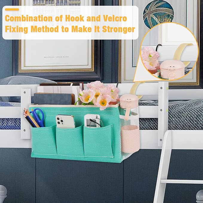 Bedside Caddy Bedside Organizer Bedside Storage Caddy with Fixed Straps and Water Bottle Holder for Home College Dorm Bunk Bed Hospital Bed Crib Bed Rails (2pcs Green)-NeatNest