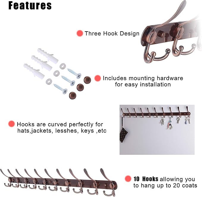 Dseap Coat Rack Wall Mount - 38” Long 10-Tri-Hooks Heavy Duty Coat Hanger Rail Wall Hooks for Hanging Coats Hats Clothing Clothes Purse Mudroom Entryway, Antique Copper, Pack of 2-NeatNest