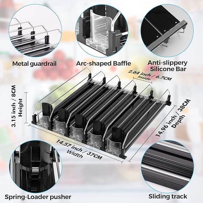 Drink Dispenser for Refrigerator, Self-Pushing Soda Can Organizer for Fridge, 5 Rows already Assembled, Automatic Can Dispenser with Spring Loaded for Refrigerator Holds 25 cans, Black