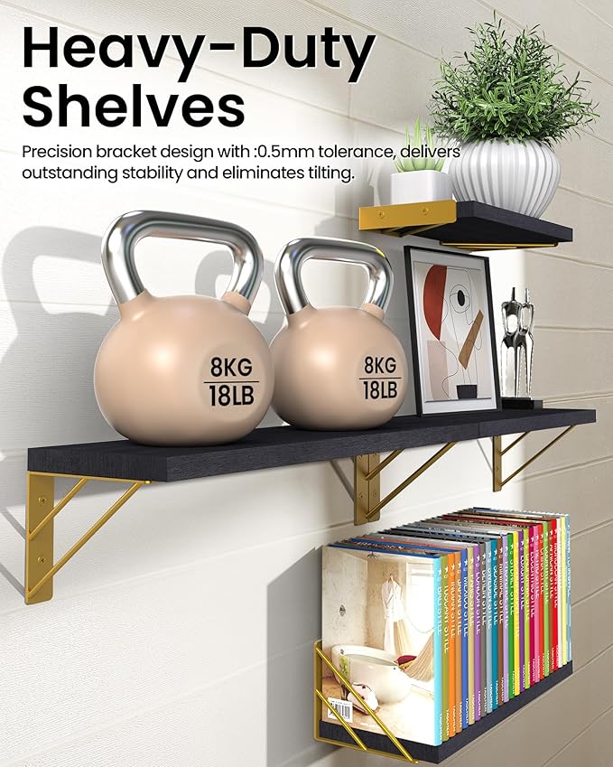 BAYKA Floating Shelves for Bedroom Decor, Wall Shelves for Storage, Wall Mounted Rustic Wood Floating Shelf for Books,Corner Shelf for Bathroom,Kitchen,Living Room(Black and Gold,Set of 4)-NeatNest