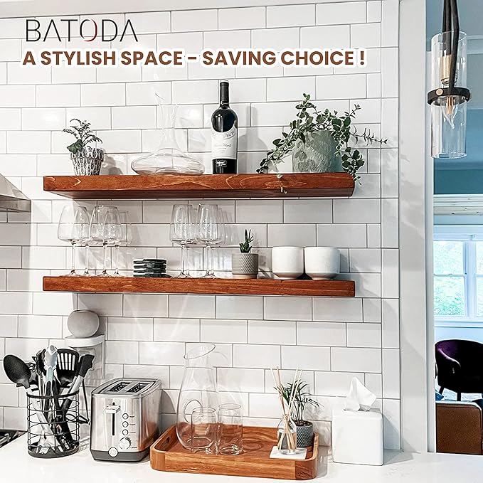 BATODA Set of 2 24" Acacia Wood Floating Shelves Wall Mounted – Rustic Farmhouse Wooden Wall Storage Shelf for Bedroom, Kitchen, Home Décor - Brackets and Shelving Hardware Included-NeatNest