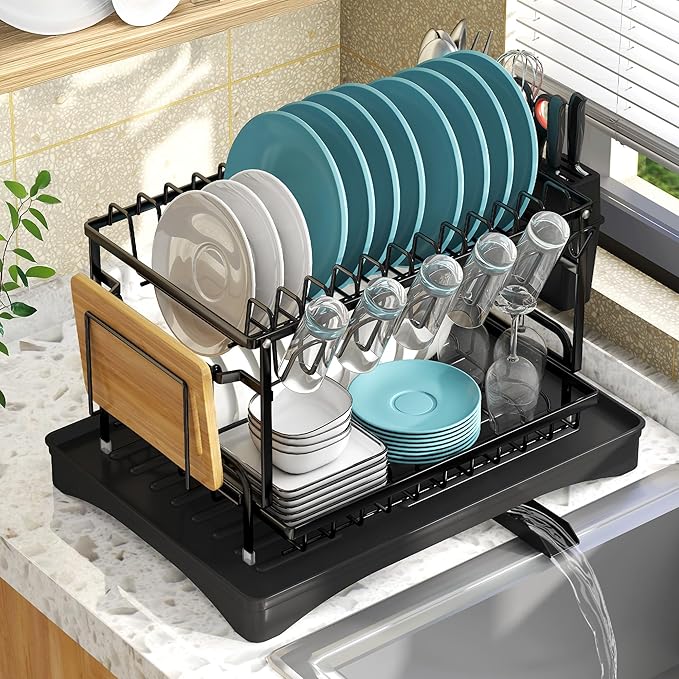 Dish Drying Rack Carbon Steel Dish Rack for Kitchen Counter, 2-Tier Kitchen Organizers and Storage Rack with Drainboard and Cutlery Holder, Large
