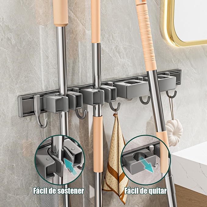 Broom Holder Wall Mount Movable Hooks and Clips Mop and Broom Hanger Wall Mounted Aluminum Garage Tool Organizer Storage adhesive (40cm, Grey)-NeatNest