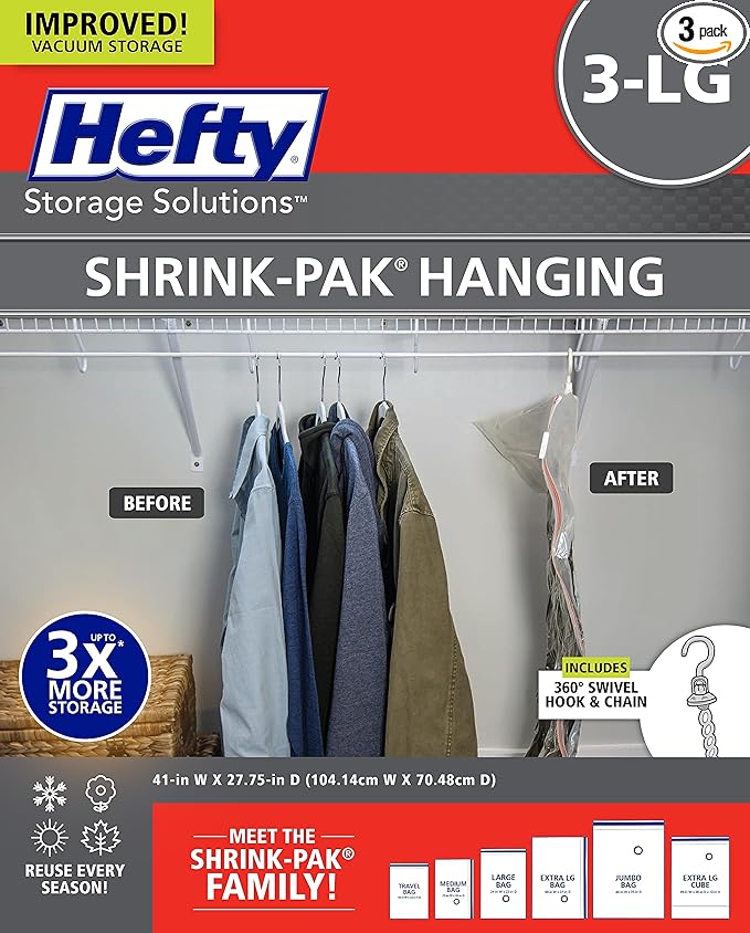Hefty Shrink-Pak Vacuum Storage Bags - Space Saver for Under Bed Storage, Clothing and Comforters, 3X More Storage Space - 3 Large Hanging Bags