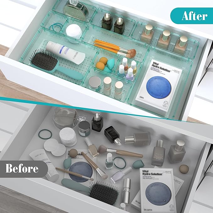 7 PCS Clear Plastic Drawer Organizers Set, 4 Size Desk Drawer Organizer Trays for Makeup, Jewelry, Kitchen Utensils, Gadgets and Office Accessories, Sea Blue-NeatNest