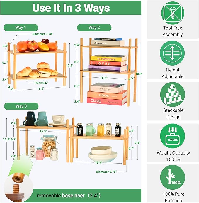 Bamboo Rack | Tool-Free Expandable (2-6 Tiers) | Kitchen Spice Organizer & Office Breakroom Snack/Cup Storage (Natural Bamboo)(Powered by Gogogo) (Natural, 15.6" W(2 Tier))-NeatNest