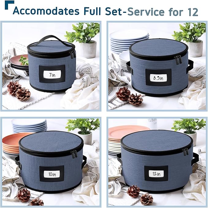 Fine China Storage Containers Hard Shell, 4 Piece Dish Storage Containers, Quilted Plate Containers, Stackable Dish Organizer with Dividers, Dinnerware Storage for Moving and Seasonal Storage, Blue-NeatNest