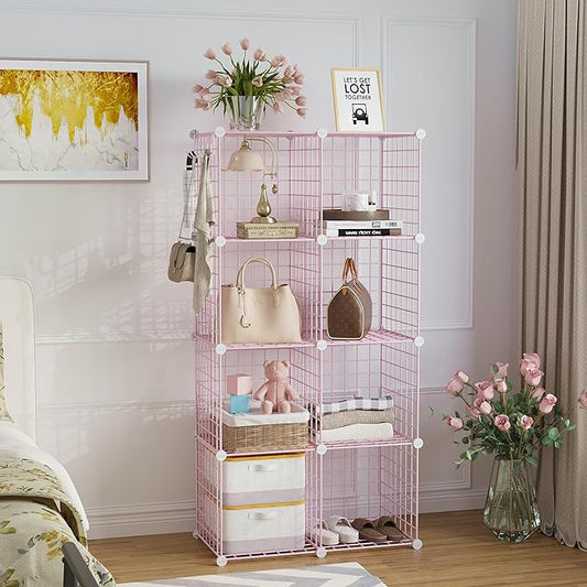 C&AHOME Wire Cube Storage, 8 - Cube Organizer Metal C Grids, Modular Shelves Units, Closet Organizer, Ideal for Home, Office, Living Room, 24.8" L x 12.4" W x 48.4" H, Pink UWCS3008P-NeatNest