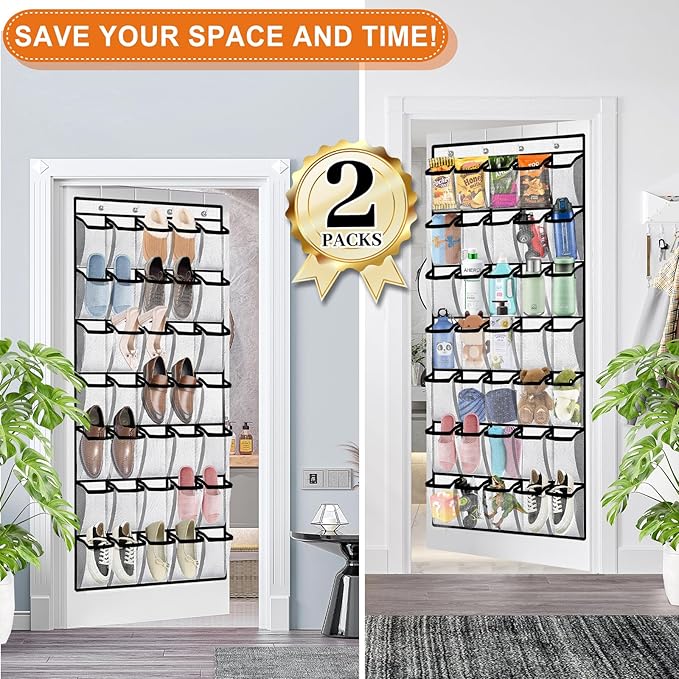 Aheroi Over the Door Shoe Organizer, 2 Pcs 35 Pockets Large Soild Hanging Shoe Rack, Mesh Shoe Organizer Door Hanger Up to 40 lbs, Over Door Shoe Holder, Shoe Storage Hanging Bag with 4 Metal Hooks