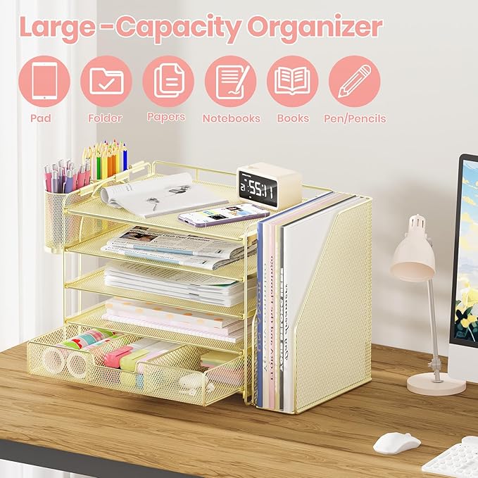 Desk Organizers and Accessories, 5-Tier Paper File Organizer with Drawer & Pen Holder, Office Desk Accessories Workspace Desktop Organizer for Office Supplies(Gold)-NeatNest