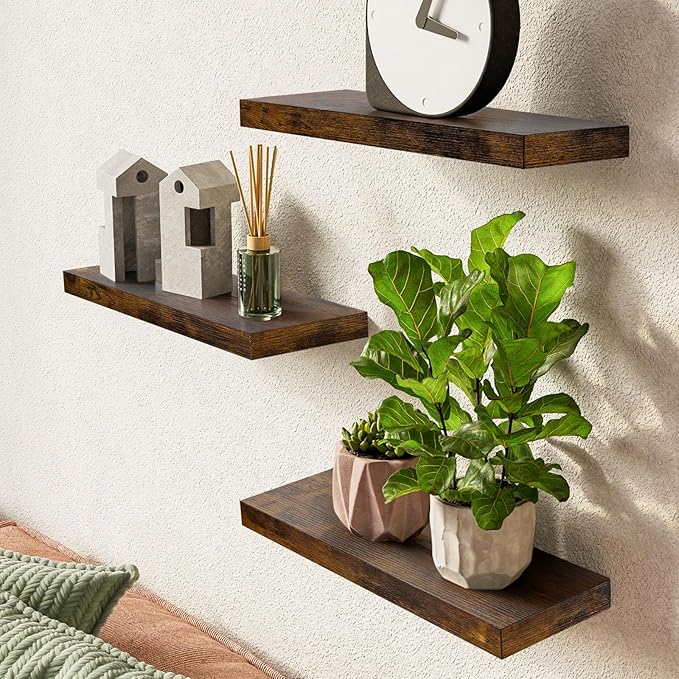 BAYKA Bathroom Floating Shelves for Wall โ Bathroom Shelf Over Toilet Farmhouse Rustic Wood for Bedroom, Kitchen, or Living Room Decor Organization โ Rustic Brown, Set of 3, Storage with 22lb Capacity-NeatNest