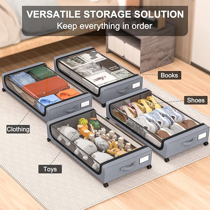 GoMaihe Under Bed Storage with Wheels: XXL Underbed Storage Containers with Lids - Rolling Bins for Shoes Clothes in Dorm Bedroom - Metal Drawers Easy Pull-out Grey 2-Pack-NeatNest