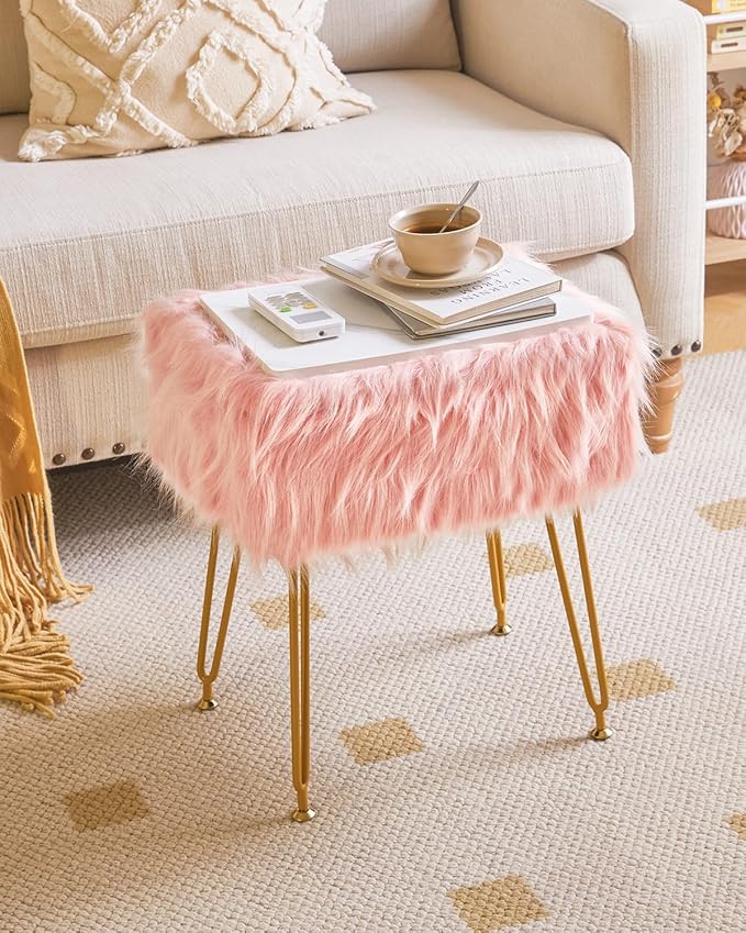 IBUYKE Rectangular Faux Fur Vanity Stool with Storage, Furry Makeup Chair Ottoman, Soft Padded Seat, Round Footrest Footstools with 4 Metal Legs, for Living Room Bedroom Entryway, Pink WBD022P
