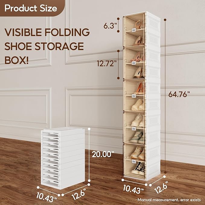 ANTBOX Shoe Organizer Storage Box, Portable Folding Shoe Rack For Closet With Magnetic Clear Door,Large Sneaker Cabinet Bins Sturdy Easy Assembly 10 Layers-10 Grids-NeatNest