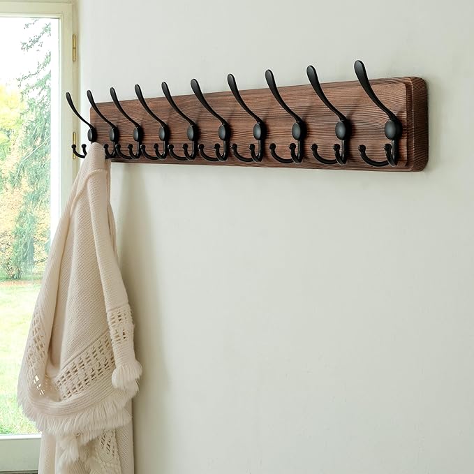 Dseap Coat Rack Wall Mounted - 10 Tri Hooks, 38-1/4" Long, Heavy Duty Wooden Wall Coat Hanger Coat Hook for Clothes Hat Jacket Clothing, Natural & Black, 2 Packs