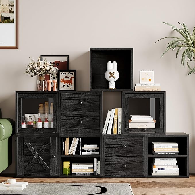FUSUNBAO Magic DIY Cube Storage Organizer Stackable Cubes for Home Books Clothes Toy-Modular Cubby Storage System-Office Cubical-Bookcase Closet(Black,Cat Door Cube)-NeatNest